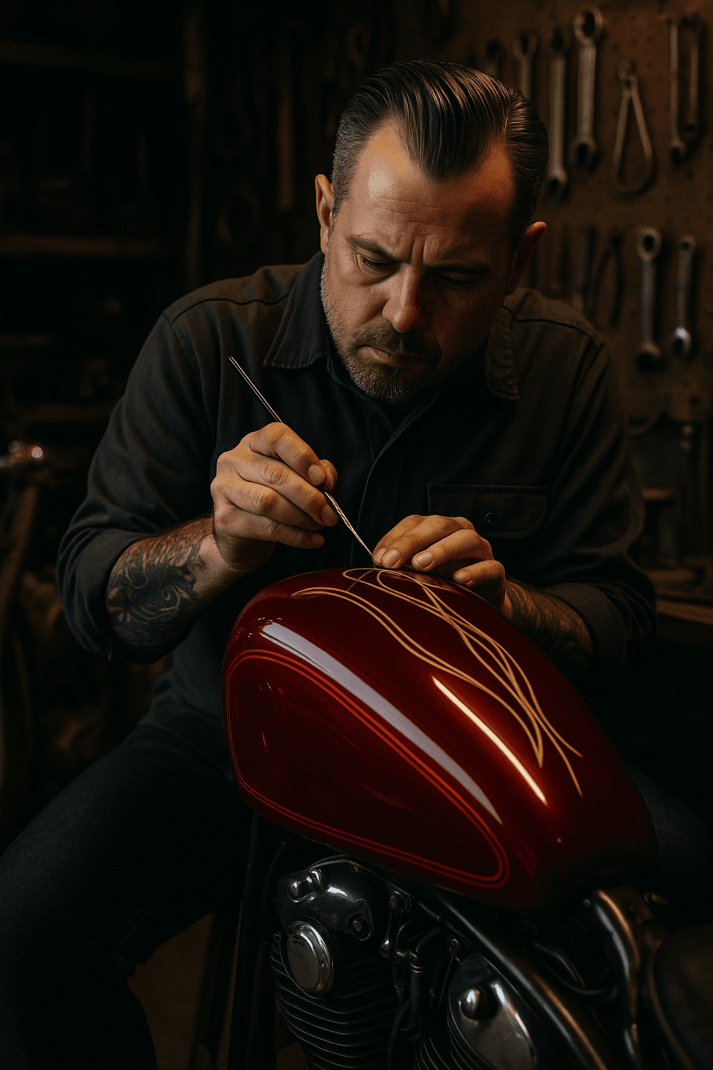 Detailed view of craftsman adding gold pinstripes in SmallTimeMoto workshop