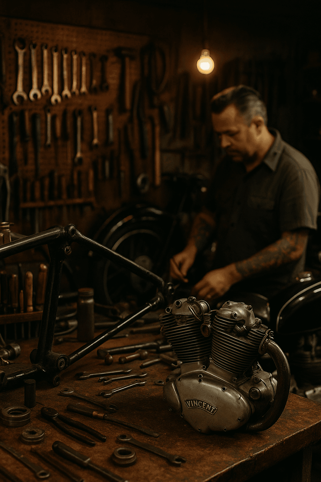 SmallTimeMoto workshop with vintage motorcycle restoration in progress